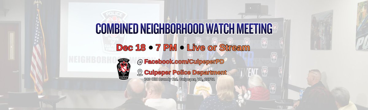 Make sure to join us on December 18th at 7 P.M. in the Culpeper PD Community Room for our quarterly Combine Neighborhood Watch meeting. John R. Schwartz, Founder and President of the Center For Combating Elder Financial Abuse will be giving a presentation. Join us in person or