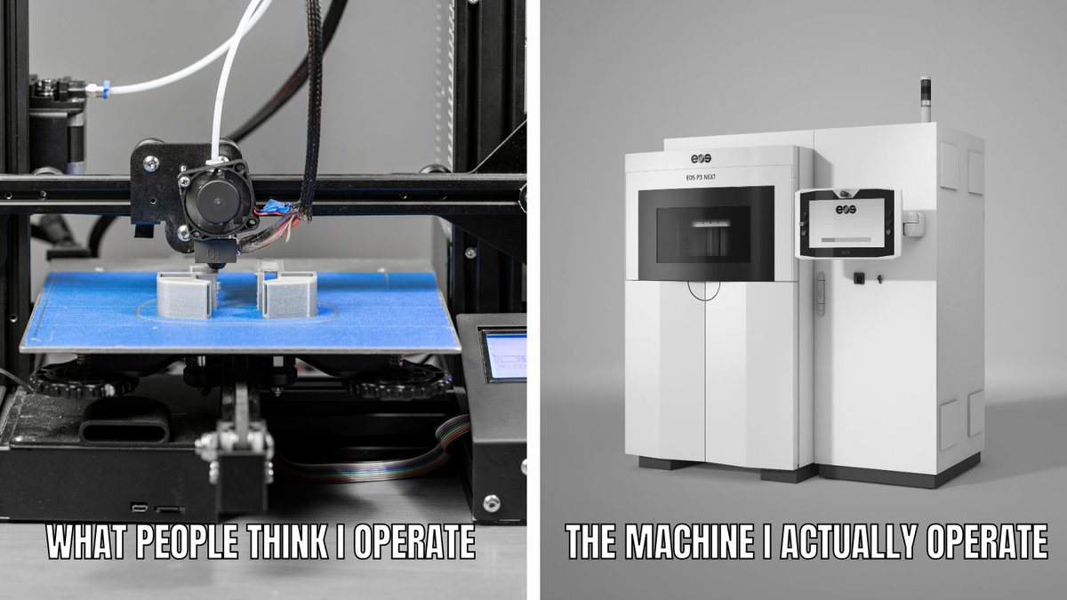 EOS3DPrinting's tweet photo. Everyone has a different picture of what “operating a printer” looks like... 

For us at EOS, it means working with industrial #additivemanufacturing systems designed for applications in #aerospace, #medical, energy, mobility, &amp; beyond.

#3Dprinting #FutureIsAdditive #Innovation https://t.co/zx8svGL8A4