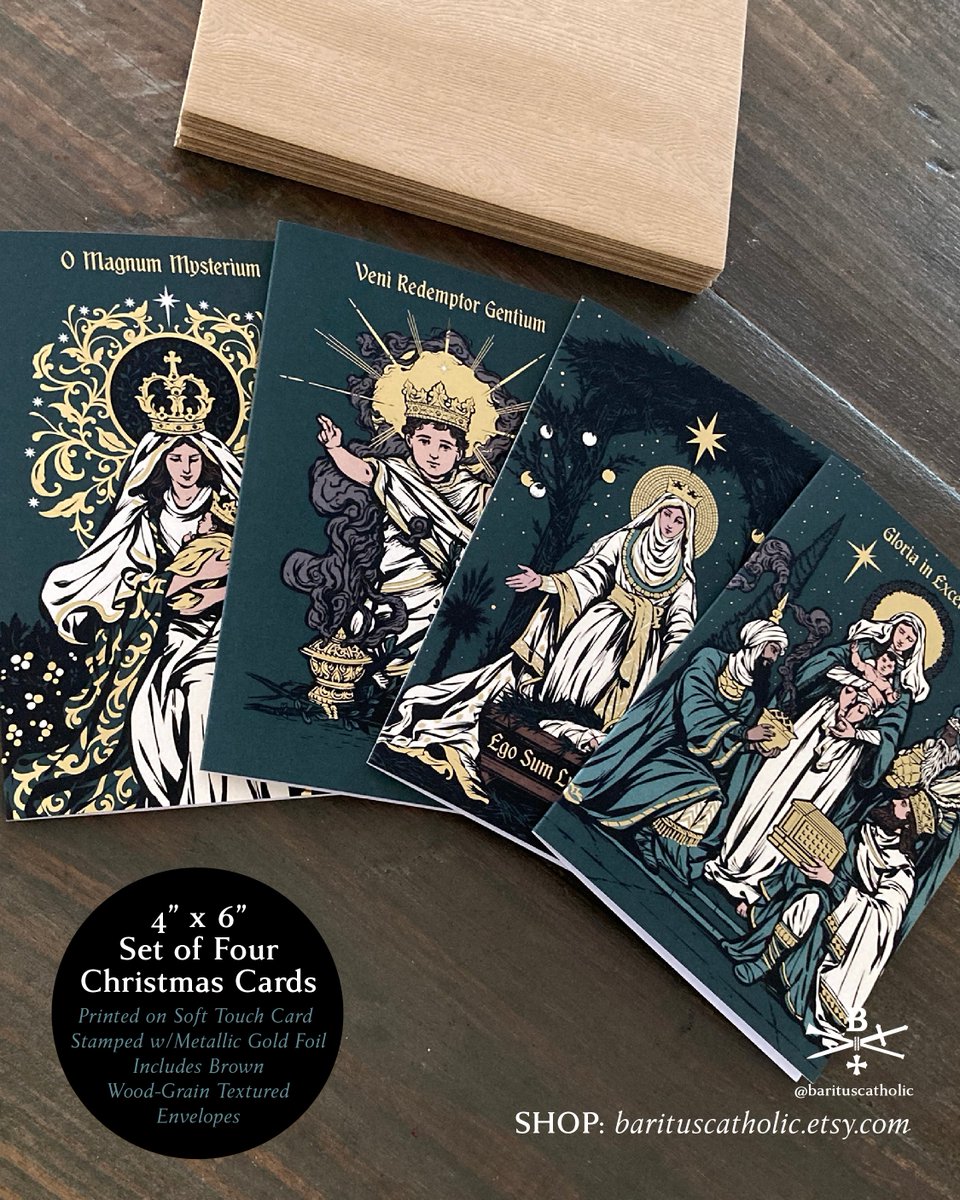 A handful more of the 4-pack Christmas Card sets with metallic foil and woodgrain envelopes just listed!

SHOP: barituscatholic.etsy.com