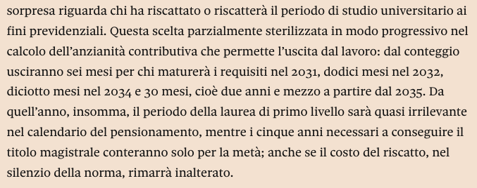 Phastidio's tweet photo. Fatta la pensione, trovato l'inganno: dal 2031, tagliata progressivamente sino a dimezzamento la contribuzione di riscatto laurea e finestre mobili sempre più lunghe. È la demografia, bellezza. E la non crescita. 
https://t.co/OXpEkkI6LZ https://t.co/eOakymiwGW