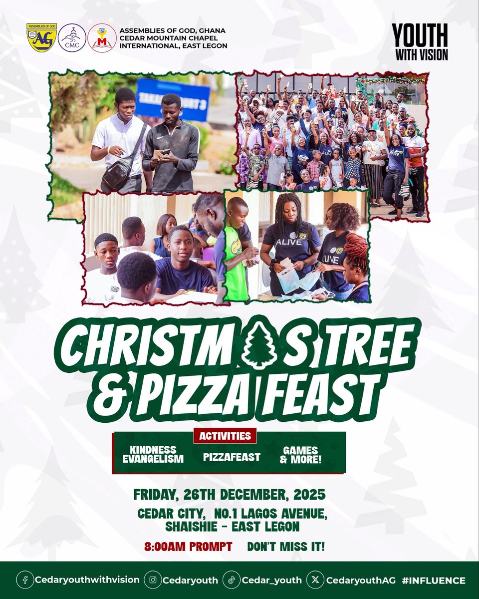 CedarYouthAG's tweet photo. 📌CMCYM FESTIVITIES — Christmas Tree 🎅🏾🎄

What is a festive season without our signature Christmas Tree Tradition?
Join us for A GOOD TIME TOGETHER!
🗓️26/12/25
⏰8:00 AM
📍Cedar City

Activities:
✅ Kindness Evangelism
✅ Pizza Feast🍕
✅ Games🎮
✅ Thanksgiving Worship &amp; More https://t.co/I5pnIIp0dv