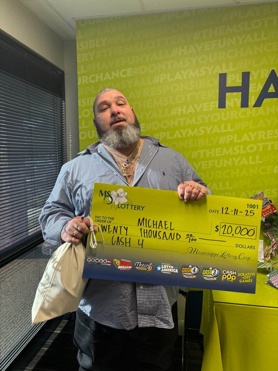 TheMSLottery's tweet photo. π¨ Winner Alert π¨
Shout out to Michael from Dβ Iberville! π This time, he won $20,000 on four Cash 4 tickets! Michael purchased his tickets from Marathon in Dβ Iberville. Great win, Michael! ππ #MSLottery #PlayResponsibly https://t.co/mVfT18ZZSa