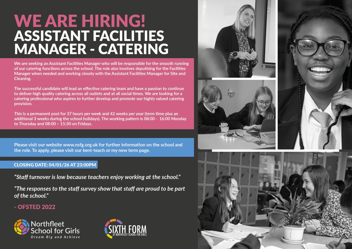 🚨VACANCY - ASSISTANT FACILITIES MANAGER🚨

We are looking for someone to join our fantastic Facilities team. To learn more &amp; to apply, visit either:

KENT TEACH: kent-teach.com/Recruitment/Va…

MY NEW TERM: mynewterm.com/jobs/118788/ED…

#kentteach #jobsinkent #gravesham #ebbsfleet #meopham