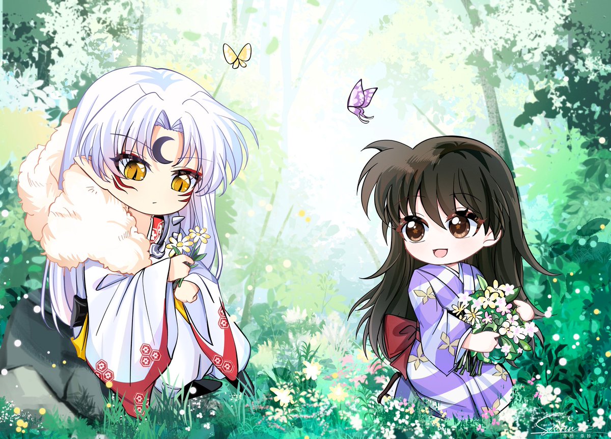 dongyang287's tweet image. りんちゃんはまた殺生丸SAMAに花を摘んであげた
私人约稿，可自用（禁商禁自印）。
This is my private commission. 
🚫AI
#sesshomarurin #sessrin #殺りん #杀铃