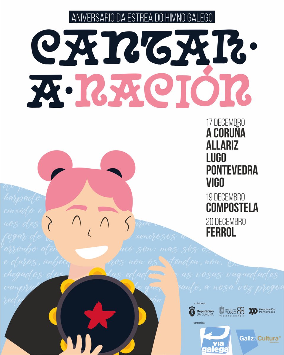 🎶 VÍA GALEGA E GALIZA CULTURA CONMEMORAN O ANIVERSARIO DA ESTREA DO HIMNO GALEGO

🎶 O 20 de decembro cúmprense 118 anos que no Gran Teatro da Habana se interpretaba por primeira vez, o himno nacional galego. Participa na conmemoración desta data cantando o noso himno.

🎼