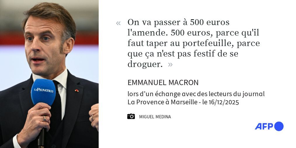 afpfr's tweet image. 🇫🇷 Le président de la République Emmanuel Macron a annoncé mardi à Marseille que l'amende forfaitaire délictuelle (AFD) pour usage de drogues "va passer à 500 euros" contre 200 euros aujourd’hui.
