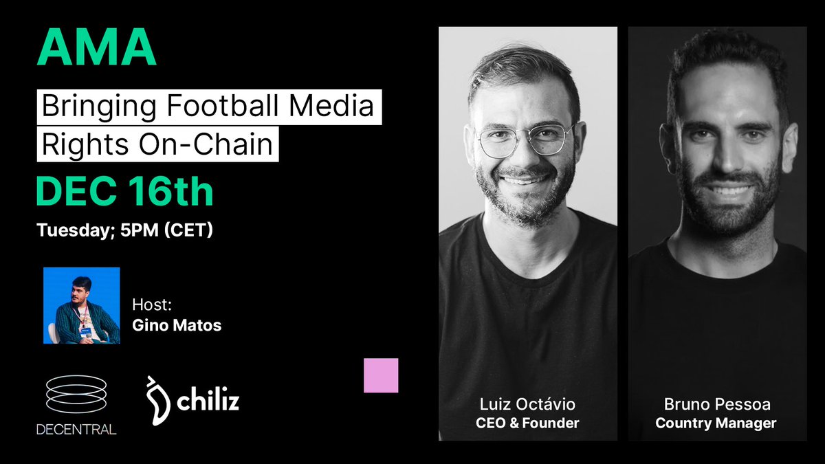 Today, Decentral joins <a href="/Chiliz/">Chiliz - The Sports Blockchain</a> for a live AMA exploring how football media rights are moving on-chain — and what this means for the future of SportFi.

A focused conversation on Web3 infrastructure, new distribution models, and the evolution of value in sports.

🎙 Speakers
•