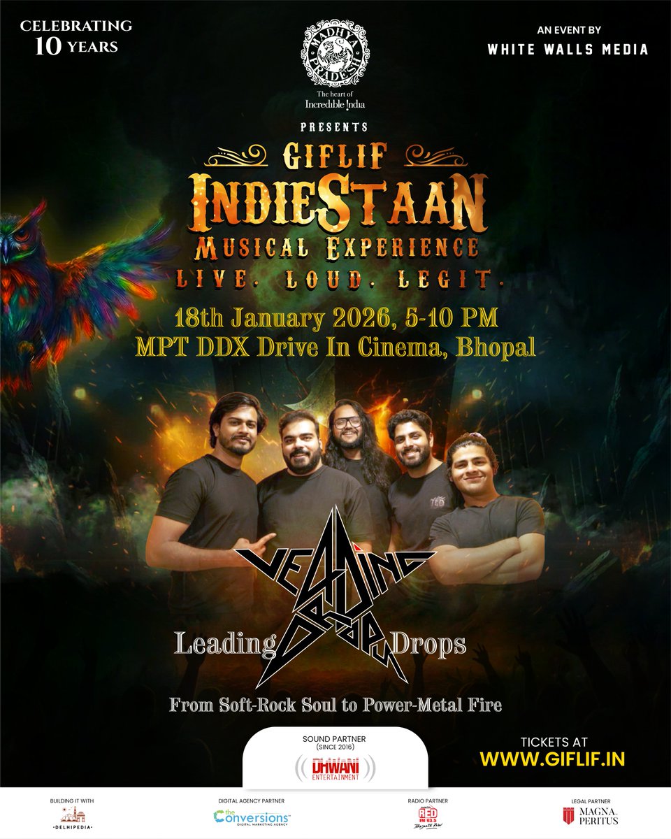 Leading Drops joins GIFLIF IndieStaan 2026, opening for global metal force BLOODYWOOD 

Soft-rock soul ➝ power-metal fire.
Two powerhouse acts. One unforgettable night.
📅 18 Jan 2026 | 5–10 PM
📍 MPT DDX Drive-In Cinema, Bhopal

 Tickets: giflif.in