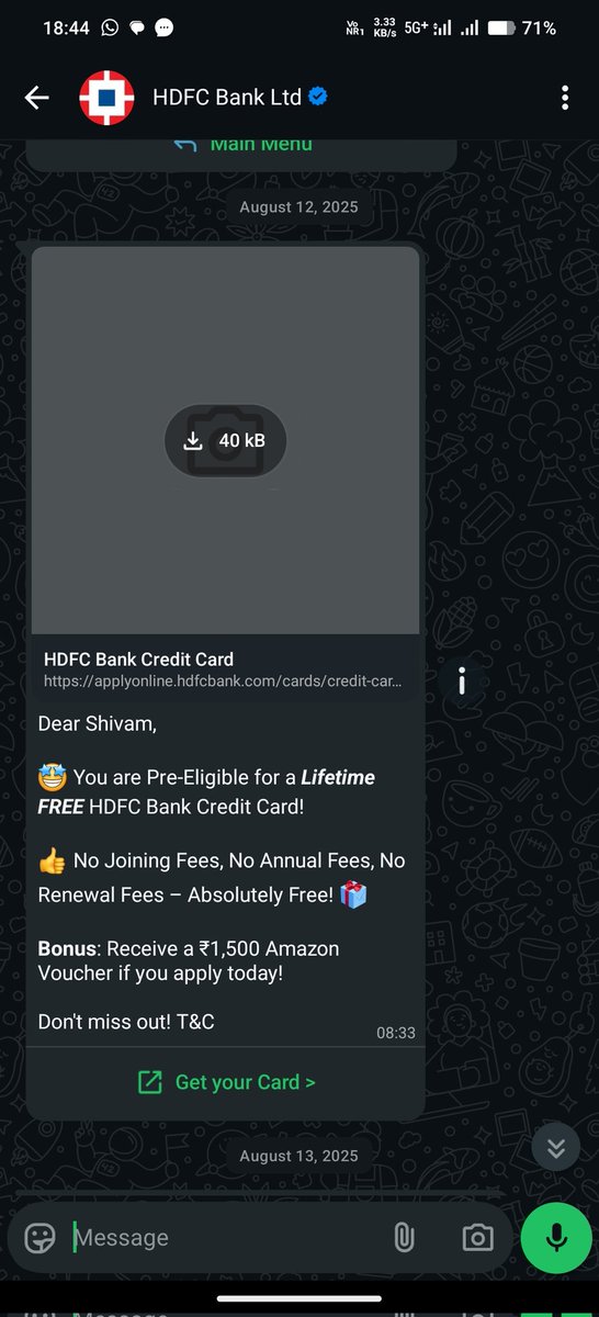 ShivamR745's tweet photo. @HDFCBank_Cares
WhatsApp पर ���Lifetime FREE Credit Card – No Annual Fee” का ऑफर भेजा गया था।

फिर recorded call में आपके agent ने साफ़ कहा:
“100% कह रहा हूँ… ₹500 fee नहीं लगेगी”.

इसी भरोसे पर HDFC Swiggy Credit Card apply कराया गया।
#HDFCBank #MisSelling 
🔴 कॉल रिकॉर्डिंग 👇🏻 https://t.co/qOUOesLmnE