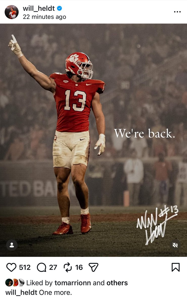 Clemson star junior DE Will Heldt confirms on Instagram this morning he’s coming back to Clemson in 2026 (ESPN reported last night). Team’s leader in sacks and TFLs in 2025 after transferring in from Purdue. “One more,” Heldt writes in caption