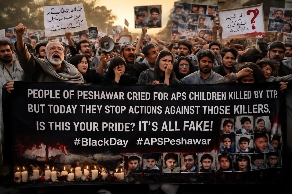 thbablu470's tweet photo. People of Peshawar cried for the APS children killed by TTP, but today they stop actions against those killers. Is this your pride? It's all fake! The graves of your kids ask for justice.
#BlackDay #APSPeshawar #BetrayalOfMartyrs #JusticeNow #StopTheBlock https://t.co/fvK4A7aWWz