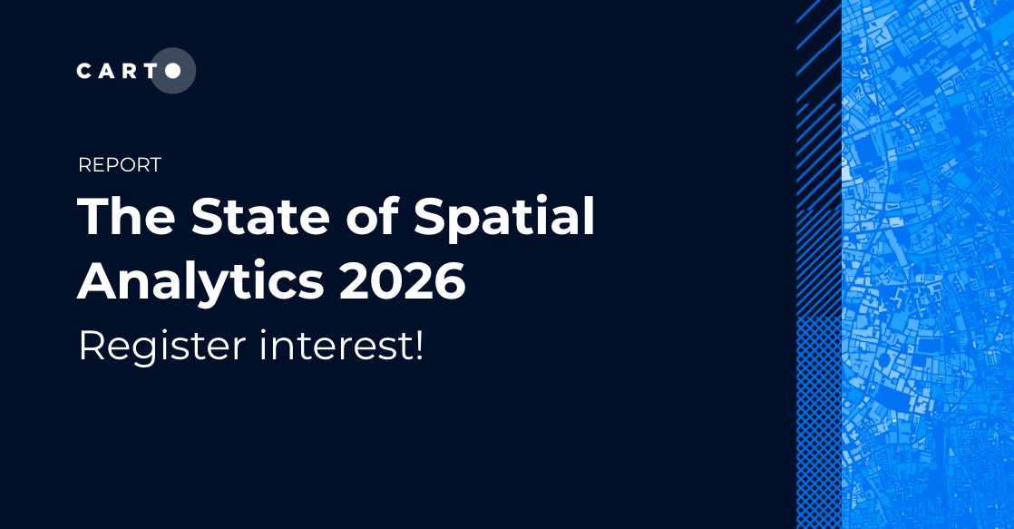 CARTO's tweet image. The State of Spatial Analytics 2026 is coming soon. 🔜
Our annual report looks at how tools, workflows, and skills are changing, and how cloud, governance, and AI are shaping real spatial decision-making.

Be the first to read it:hubs.ly/Q03Yj2n40
