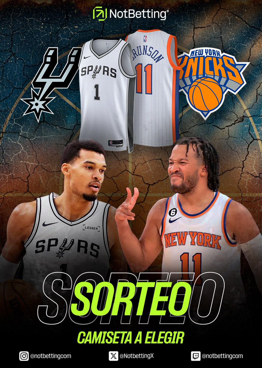 _NBAESP_'s tweet image. 🎉 SORTEO CAMISETA 🎉

Si 👉Wembanyama hace 3 triples o más ¡sorteamos camiseta de la NBA a elegir! 🏀👕

🔗 Solo 2 pasos para participar:

1️⃣ Seguir a @NotBettingX

2️⃣ Dar ❤️ Me gusta y RT a este post

Mencionar a un amigo = más opciones de ganar

¡¡Suerte a todos!! 🍀