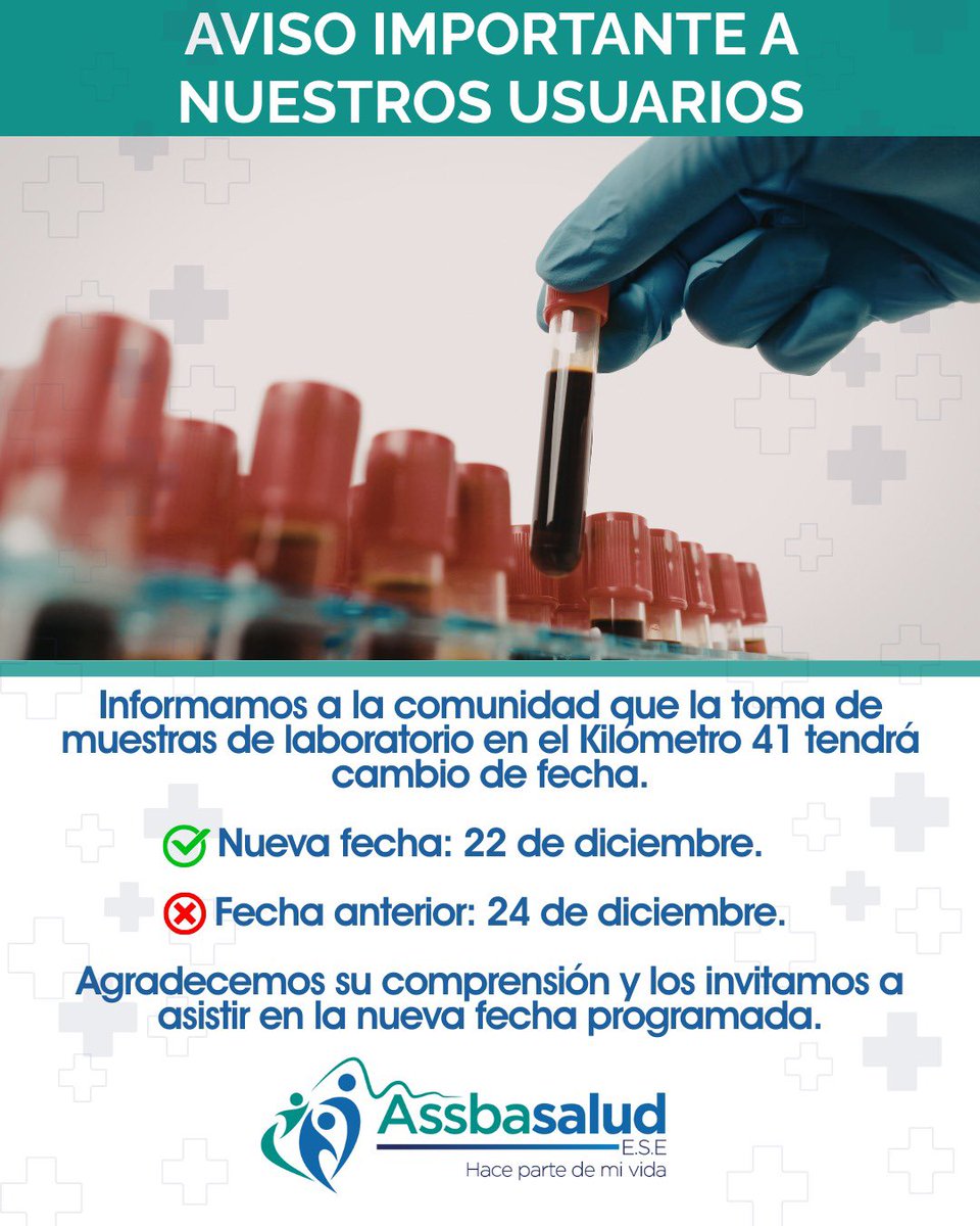 Aviso importante a nuestros usuarios.

Informamos a la comunidad que la toma de muestras de laboratorio en el Kilómetro 41 tendrá cambio de fecha.

✅ Nueva fecha: 22 de diciembre.
❌ Fecha anterior: 24 de diciembre.

Agradecemos su comprensión.