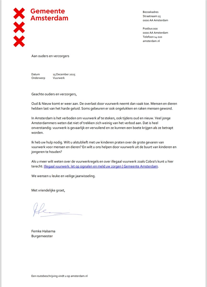 Een brief van Femke Halsema. Of ik asjeblief met mijn kinderen wil praten over vuurwerk. Want vuurwerk 'is verboden, vervuilend en gevaarlijk'. Zal ik een brief terug schrijven? Of zij met haar kinderen wil praten over vuurwapens? En of zij in gesprek wil gaan met het jonge tuig