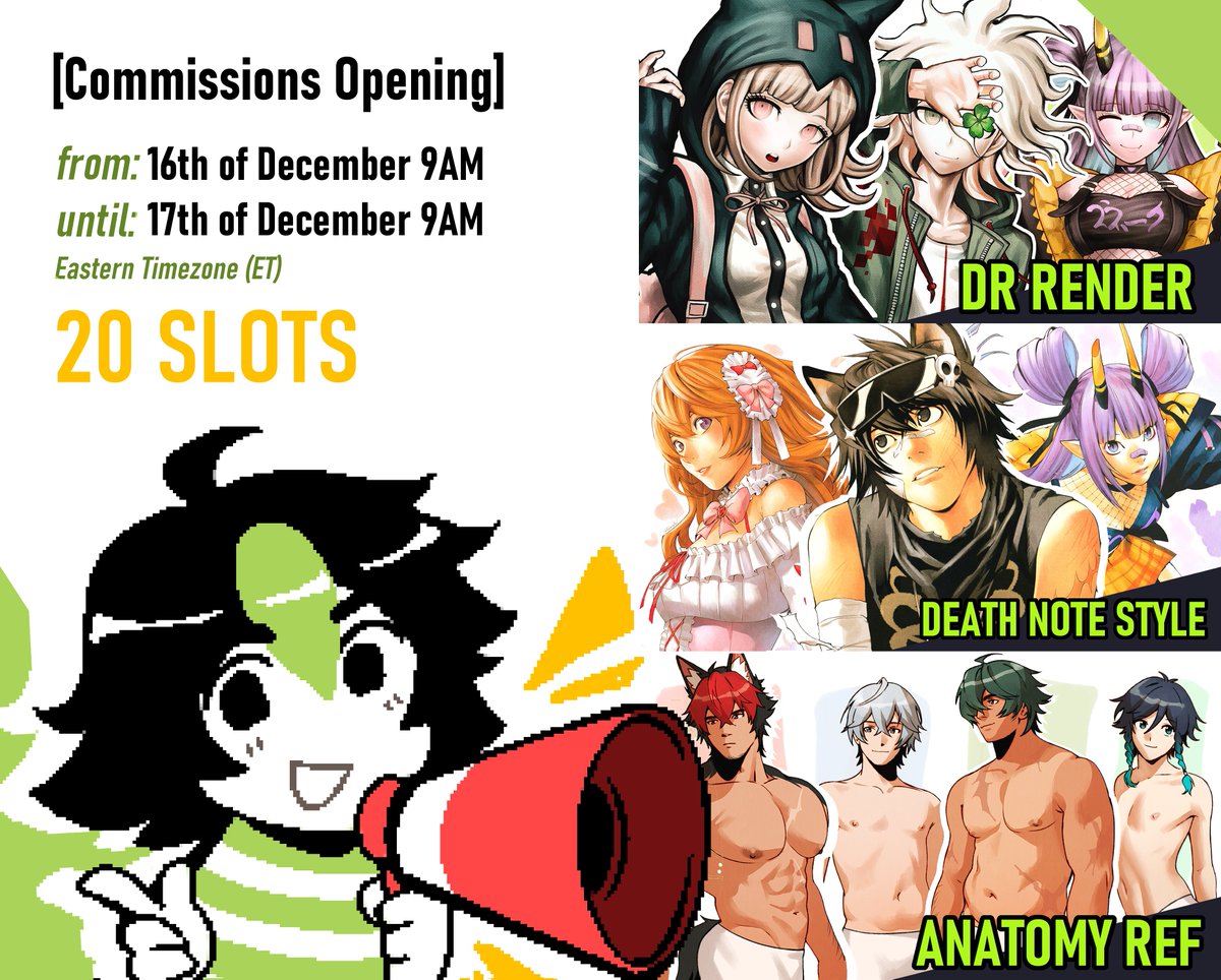 [🍀My orders are OPEN‼️]

For 24 hours starting from now, you can send in a form with anything you want me to draw for any of these three services through my VGen.
Opening 20 slots, but I will take more if there's enough interest. See you there!

[🔗 below!]