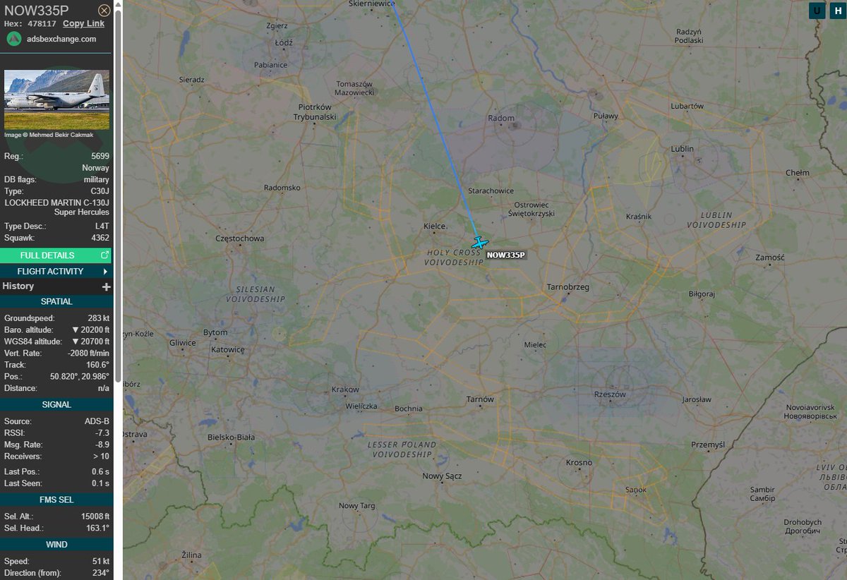 PolishMilRadar's tweet photo. 📅16.12 🕒14:52LT - 🇳🇴✈️ Norweski C-130J do Rzeszowa
Do Rzeszowa Jasionki #EPRZ 🇵🇱 zniża również ✈️ #NOW335P Lockheed Martin C-130J Super Hercules "5699" Norweskich Sił Powietrznych 🇳🇴, wykonujący lot z Bergen #ENBR w Norwegii 🇳🇴
🔗https://t.co/7Yo8Pt4QgO
#POLMILRADAR https://t.co/WBcU0s0nh3