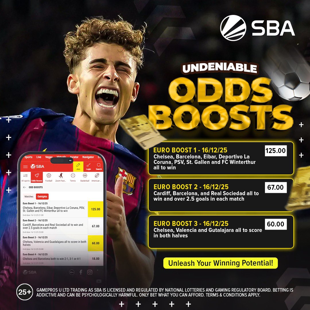 SBA_Uganda's tweet photo. SBA ODDS BOOSTS ARE UNBEATABLE!
Tonight, maximize your winnings with boosted odds designed to give you the edge.
Small stake? BIG WIN potential. Don’t let your moment slip away!
👉 Bet now at https://t.co/MUHF2tQfWy
🔞 25+ | T&Cs
#sbauganda #OddsBoost
https://t.co/YZ1CninDSr https://t.co/nkkkP2E1lM