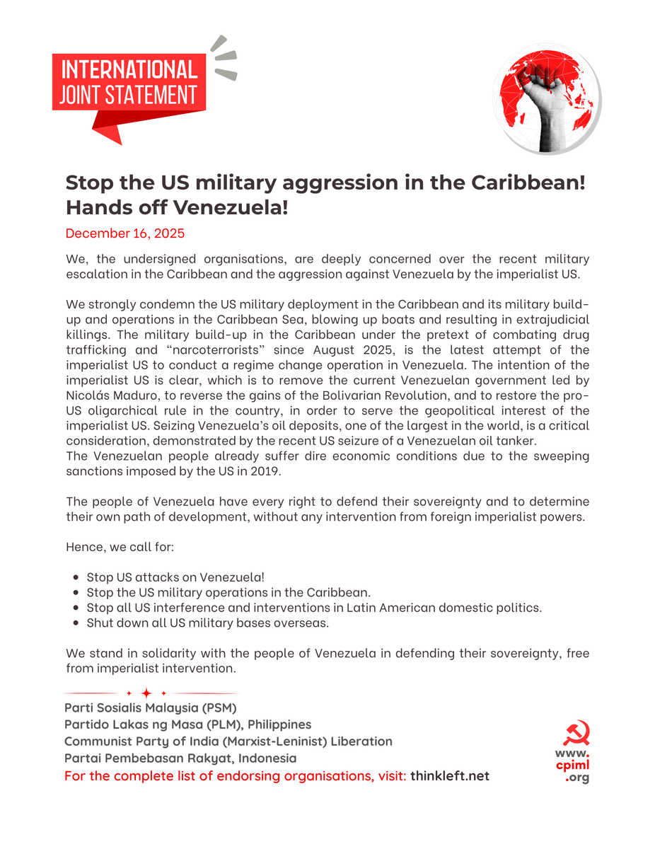 Stop the US military aggression in the Caribbean! Hands off Venezuela! [INTERNATIONAL JOINT STATEMENT]