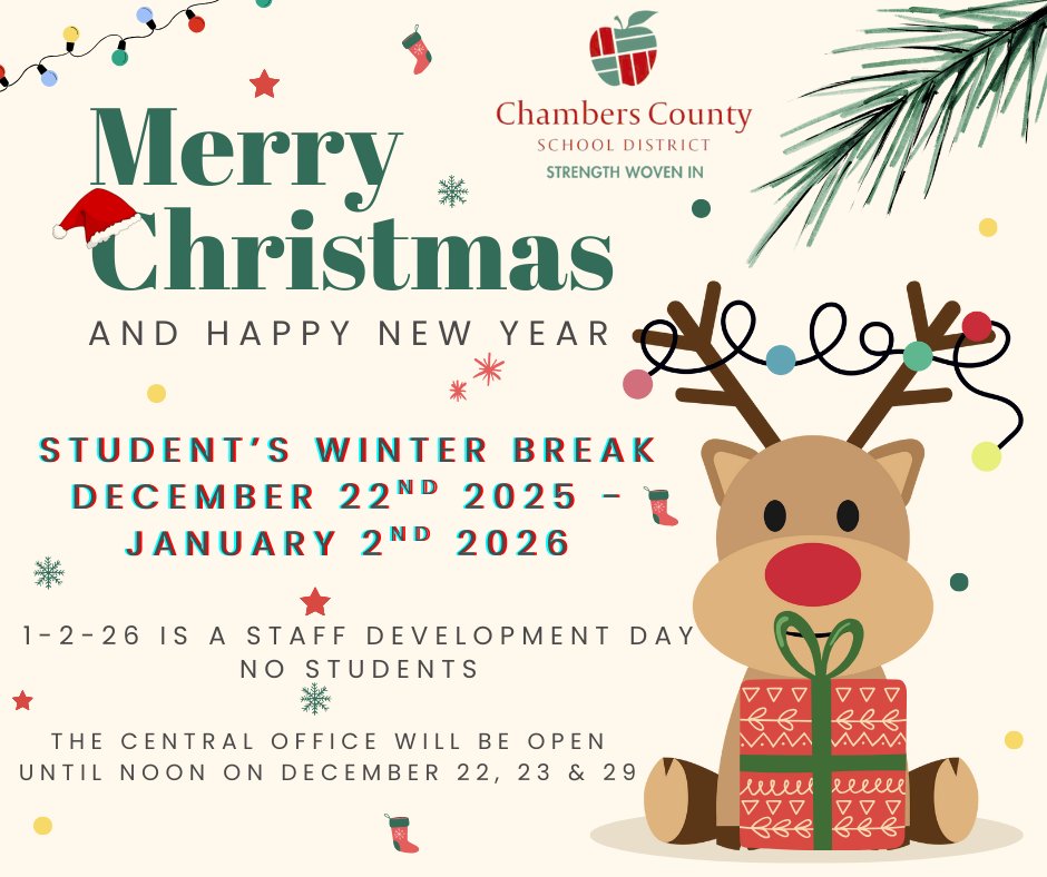 WFBRams's tweet photo. Wishing our Chambers County students, families, and staff a very Merry Christmas! 🎄✨ May your holiday be filled with joy, rest, and time together. Thank you for the love and support you show our schools all year—see you in the new year! 🎁💙 https://t.co/3S5hyly80L