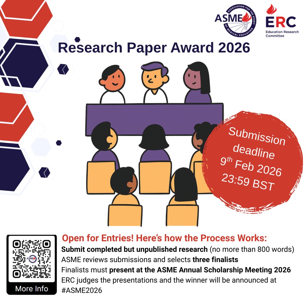 asmeofficial's tweet image. 📢 Now Open: Research Paper Award 2026! 🏆
Are you an ASME member with a completed (but unpublished) research project? Apply for the RPA Award!
⏰ Deadline: 9 Feb 2026

More info &amp;amp; apply: ow.ly/6nxE50XKevt

#HPE #MedEd