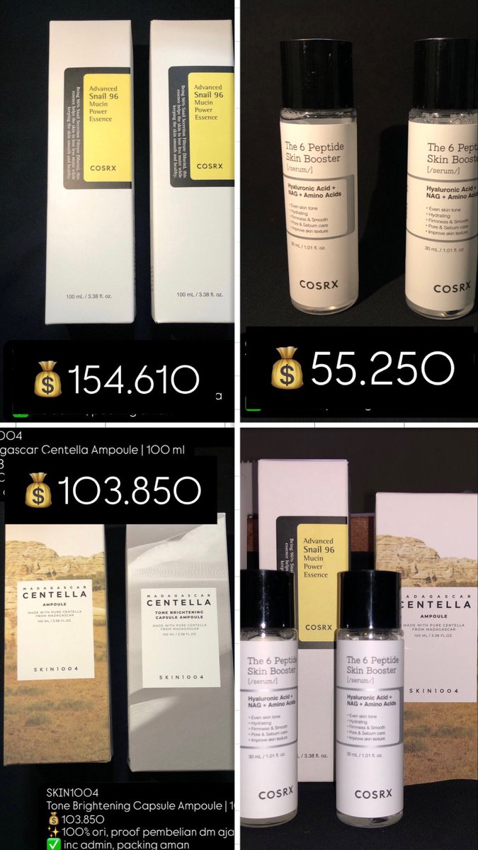 imnotkatarifs's tweet photo. WTS - NEW SEALED

• COSRX Snail 96 Mucin Essence | 100ml | exp 17/07/27
• COSRX The 6 Peptide Skin Booster | 30ml | exp 17/10/27
• SKIN1004 Centella Ampoule | 100ml | exp 10/07/28
• SKIN1004 Tone Bright  | 100ml | exp 17/06/27
 
✅100% ori (proof dm), inc admin, packing aman https://t.co/ASHhdPMsUv