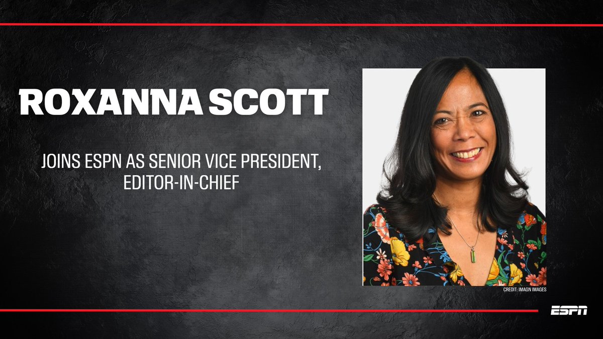 ESPNPR's tweet image. Roxanna Scott (@roxscott) joins ESPN as Senior Vice President, Editor in Chief

This newly created position will lead ESPN's journalism &amp;amp; editorial strategy across platforms

Scott brings over 2 decades of news industry experience &amp;amp; more ➡️ bit.ly/4affcUP