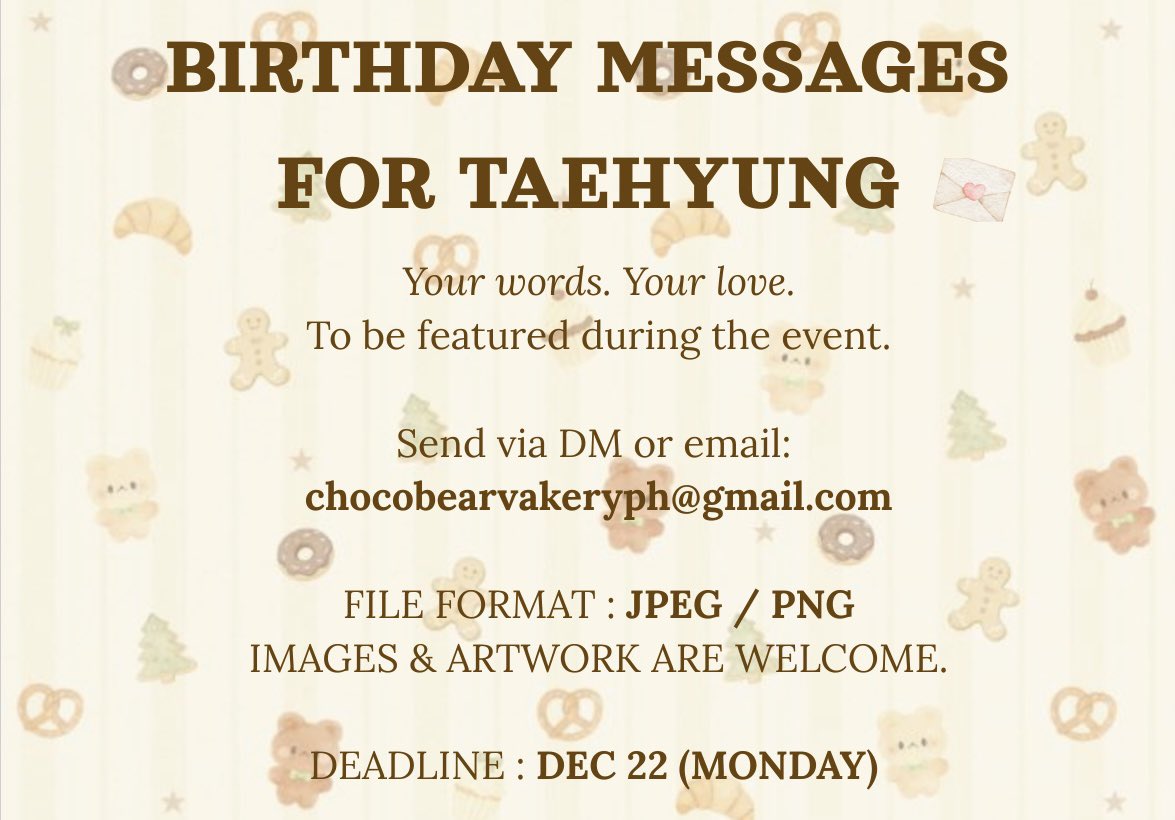 ChocoVakeryMNL's tweet image. 𝐁𝐈𝐑𝐓𝐇𝐃𝐀𝐘 𝐏𝐑𝐎𝐉𝐄𝐂𝐓
𝐅𝐎𝐑 𝐁𝐓𝐒 𝐊𝐈𝐌 𝐓𝐀𝐄𝐇𝐘𝐔𝐍𝐆

𝐒𝐄𝐍𝐃 𝐘𝐎𝐔𝐑 𝐁𝐈𝐑𝐓𝐇𝐃𝐀𝐘 𝐌𝐄𝐒𝐒𝐀𝐆𝐄𝐒 𝐅𝐎𝐑 𝐓𝐀𝐄𝐇𝐘𝐔𝐍𝐆 💌

As our dear bear turns 𝟑𝟎, we want to make it unforgettable — not just with celebrations, but with your words, your love, and…