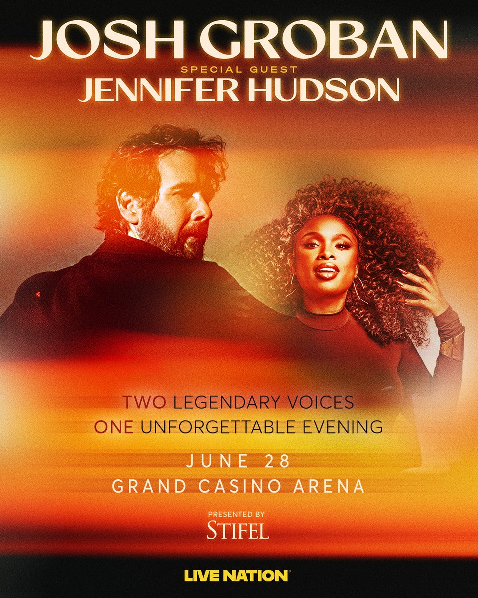 JUST ANNOUNCED! ✨ Josh Groban with Special Guest Jennifer Hudson at Grand Casino Arena on June 28! Two legendary voices, one unforgettable evening. 

Tickets on sale this Friday, Dec 19th @ 10AM local.
