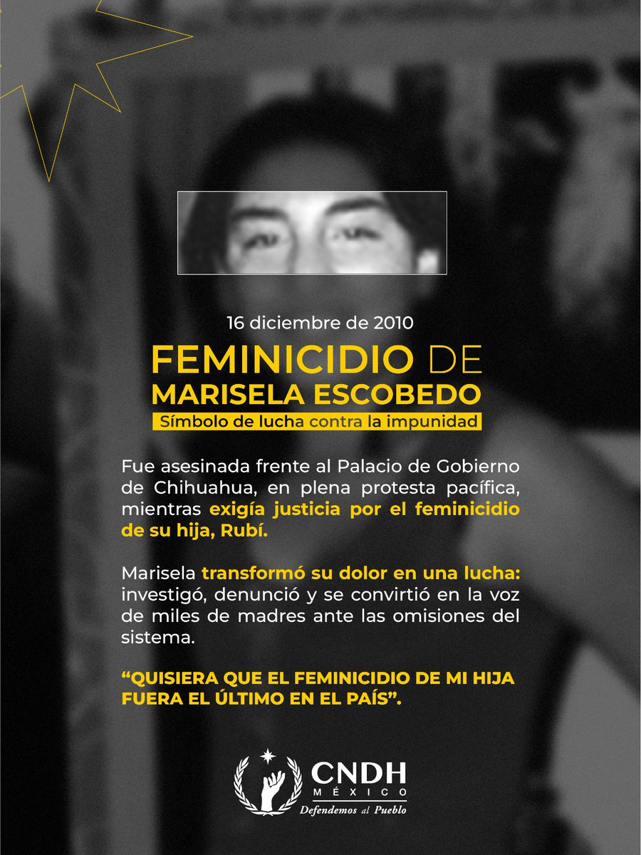 Marisela Escobedo fue asesinada mientras exigía justicia por su hija, Rubí. Transformó el dolor en lucha y se volvió un símbolo contra la impunidad. Su valentía sigue encendiendo la exigencia de verdad y justicia en México.

#DefendemosAlPueblo