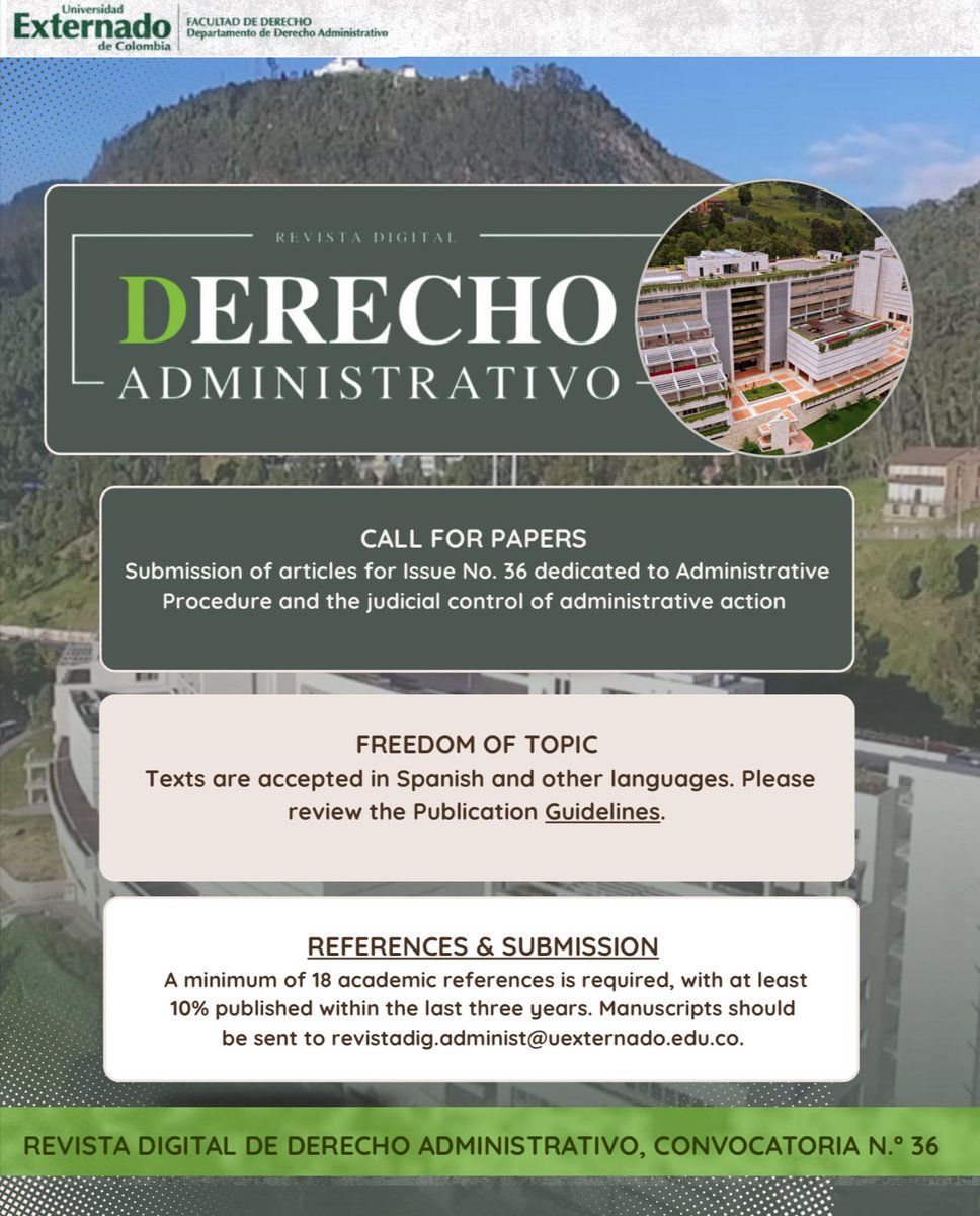 RevistaDDerAdm's tweet photo. 📢 #ConvocatoriaAbierta | Revista Digital de Derecho Administrativo – N.º 36

📚 ¿Le interesa el procedimiento y el control judicial de la Administración? ¡Está es su oportunidad! 

📄 Consulte todos los términos de la Convocatoria en el enlace: https://t.co/SLroxnOBOm https://t.co/IqeP3ulEtr