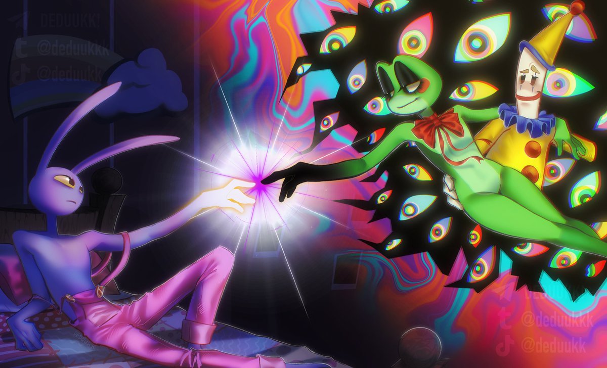 Deduukk's tweet image. This is my first post on X !
You might have seen my art and my AU on Tumblr, but anyway
I want to share an artwork inspired by episode 7 and Michelangelo’s fresco The Creation of Adam
#tadc #TheAmazingDigitalCircus
#jax #ribbit #kaufmo