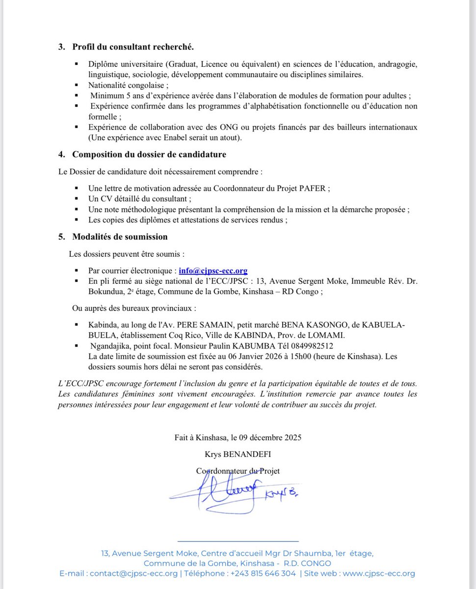 APPEL À CANDIDATURE

Recrutement d’un(e) #Consultant(e) pour l’élaboration de manuels d’alphabétisation fonctionnelle

Dans le cadre de la mise en œuvre du Projet d’appui à l’autonomisation des femmes rurales par le #renforcement de leurs capacités #socioéconomiques (PAFER), la