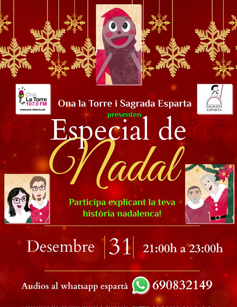 📢 Tens fins al 29 de Desembre per enviar els teus audios a Esparta!
🎙 Tió, quin enrenou a <a href="/OnaLaTorre/">Ona la Torre 107.0FM</a>!
Un programa especial on tractar tot el relacionat amb les festes!
🎉 Participa i gaudim de la nit de cap d'any!

<a href="/RaquelMawu/">Raquel Martínez</a>
<a href="/VicJota/">VicJota</a>
<a href="/vladstrange_/">VladStrange</a>
<a href="/VictorFG1982/">Víctor Fernández García | Bipolaridad y fantasía</a>
#Víctor3aFase