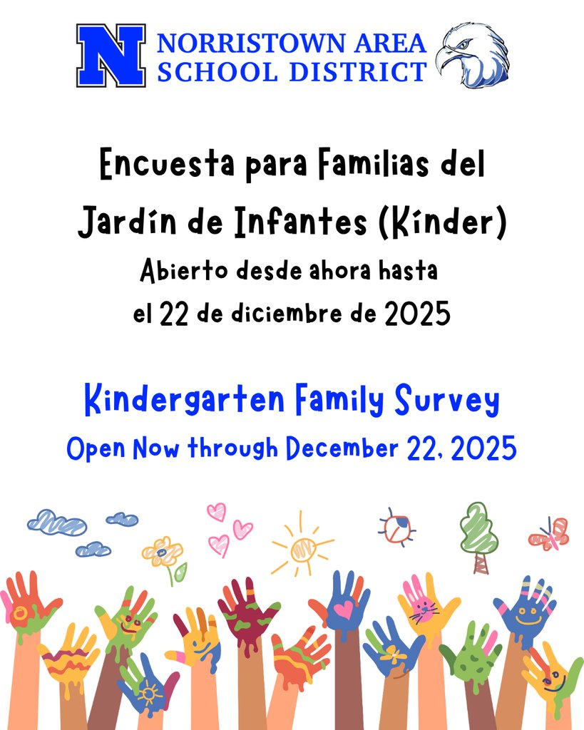 Familias de jardín de infantes, queremos conocer su opinión sobre la transición de este año. Revisen su correo electrónico para encontrar el enlace de la encuesta . La encuesta estará abierta hasta el 22 de diciembre. ¡Participen para ganar una canasta de regalos de NASD! 🎉