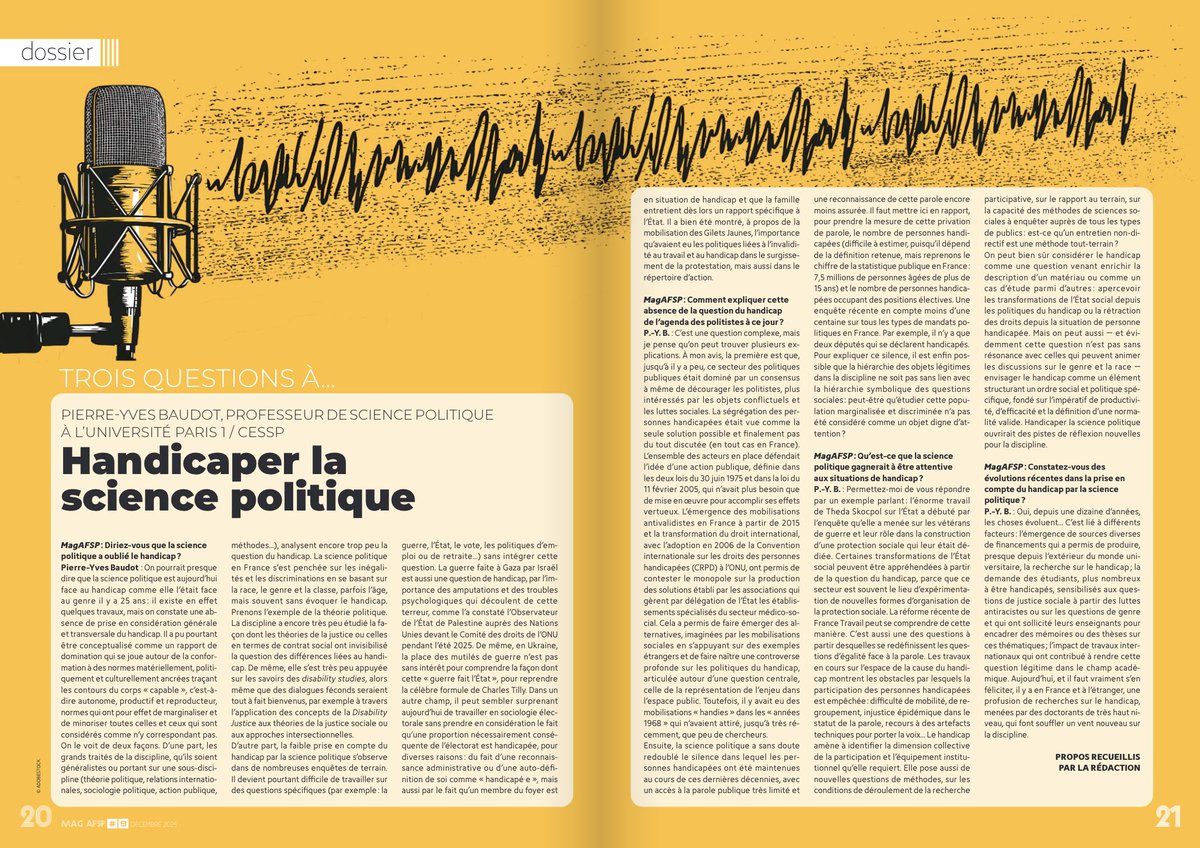 Pourquoi faut-il "handicaper la science politique" ?

Réponse avec Pierre-Yves Baudot, politiste et professeur à la <a href="/SorbonneParis1/">Université Paris 1 Panthéon-Sorbonne</a>, dans le nouveau #MagAFSP de décembre 2025 ⤵️

Article et numéro à lire ici :
calameo.com/read/006047422…
#ESR #handicap #SHS #sciencepolitique