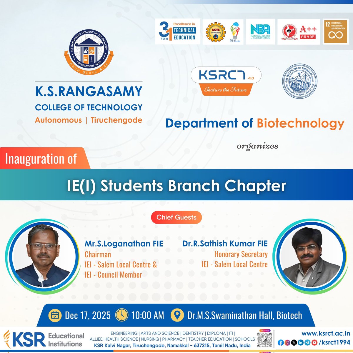 ksrct1994's tweet photo. Inauguration of the IE(I) Students Branch Chapter on Dec 17, 2025, 10:00 AM @ M.S.Swaminathan Hall, Biotech.
#ksrct1994 #ksr #ksrei #IEI #IEIStudentsChapter #StudentsBranch
#Inauguration #Biomaterials
#BiomedicalApplications #Biotechnology
#ProfessionalDevelopment https://t.co/rtPgdTLtFA