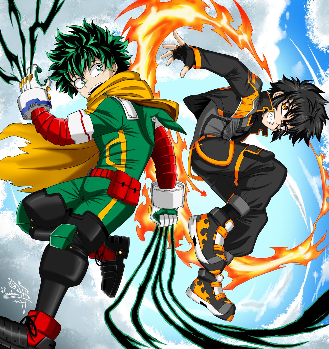 Gracias #MyHeroAcademia por estos años de alegría. Su anime y manga terminaron pero aún así yo seguiré dibujandolos y escribiendo historias. 

Aquí les dejo este dibujo de Izuku junto a mi oc.