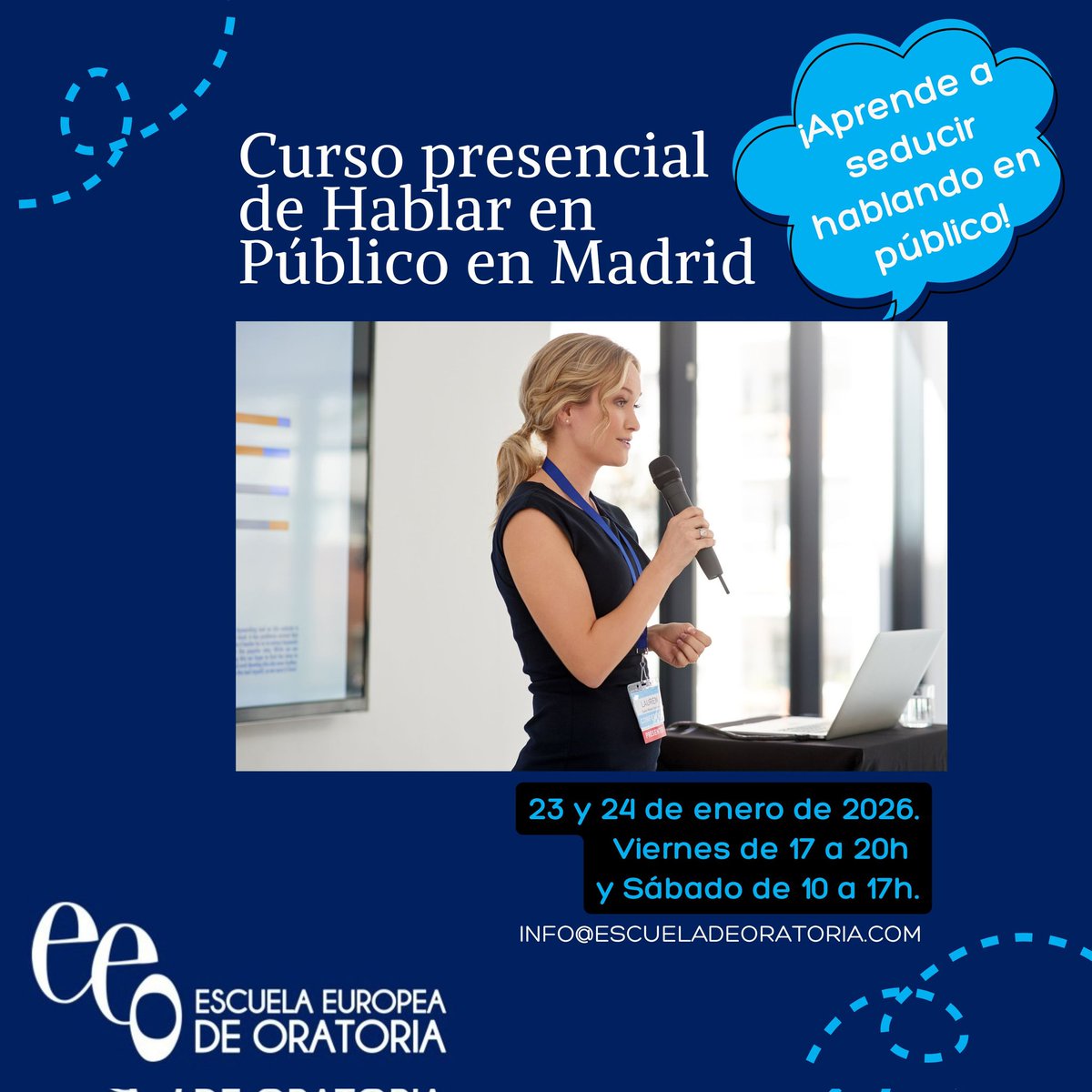 ¡Se van completando las plazas del curso de #Oratoria1 presencial en Madrid del 23 y 24 de enero! ¡Empieza el año cumpliendo tu propósito de #hablarenpublico bien! info@escueladeoratoria.com