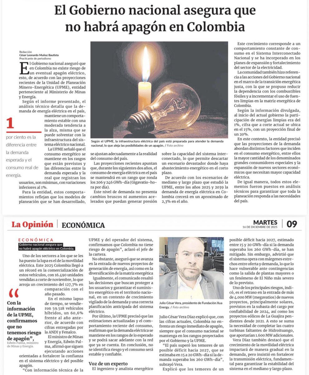 Opiniones en el diario <a href="/laopinion_col/">Diario La Opinión</a> de Cúcuta, sobre el abastecimiento de la demanda de energía del país a corto, mediano y largo plazo..! laopinion.co/economia/apago…