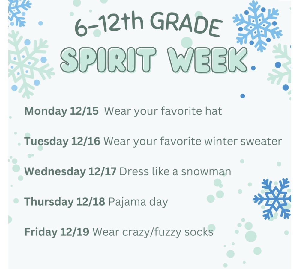Ignite Spirit Week | Dec 15–19

K–5:
Mon: Favorite hat 
Tue: Winter sweater 
Wed: Dress like a snowman 
Thu: Crazy/fuzzy socks 
Fri: Pajama Day 

6–12:
Mon: Favorite hat 
Tue: Winter sweater 
Wed: Dress like a snowman 
Thu: Pajama Day 
Fri: Crazy/fuzzy socks 

 #DPSIOA #WeAreDPS