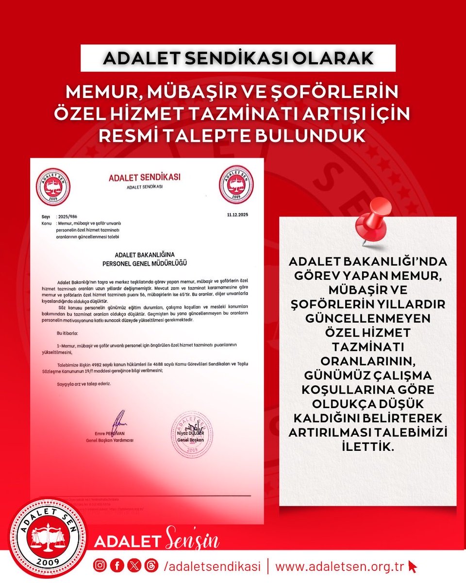 Memur, mübaşir ve şoförlerin özel hizmet tazminatı artışı için resmi talepte bulunduk.