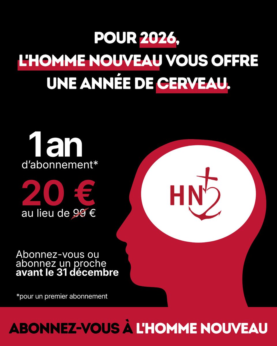 [OFFRE FLASH] 📣

📰 Abonnez-vous à L’Homme Nouveau avant le 31 décembre pour seulement 20 € !

🤓 1 an (24 n°) de décryptages, d’analyses, de dossiers, en société, culture, Église et vie chrétienne !

(valable pour un 1er abonnement)

👉🏻 hommenouveau.aboshop.fr/common/product…