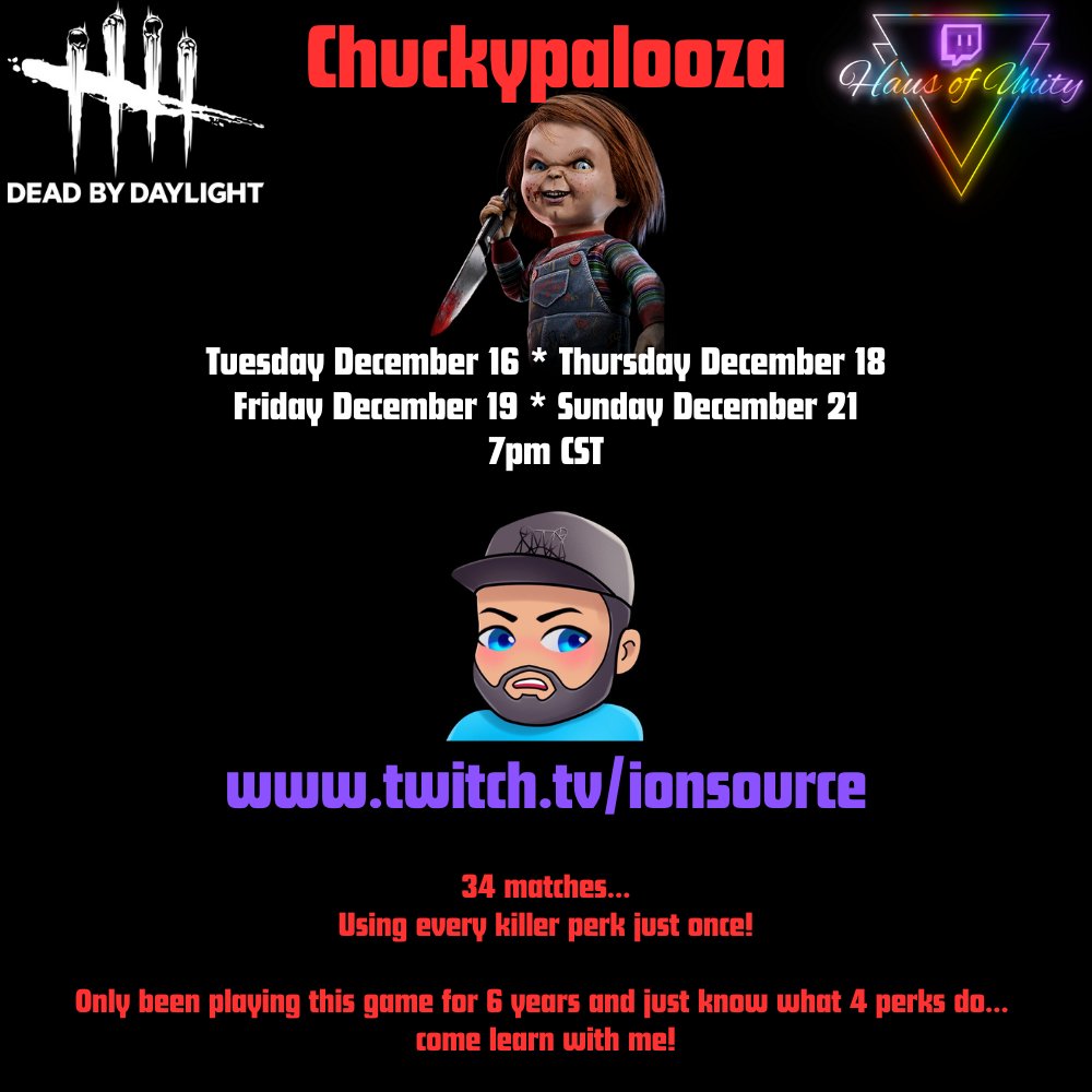I will finally learn what all the Perks do! LOL. Join me this week for a killer palooza. 4 days using every perk once #DBD #deadbydaylight #gamer #gaymer