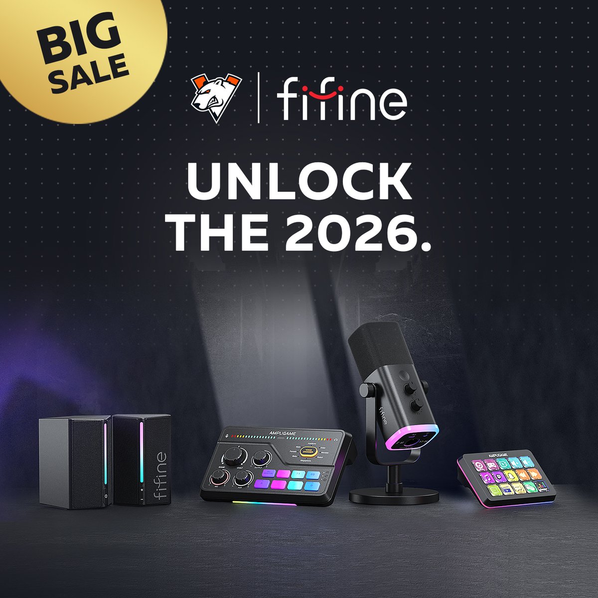 virtuspro's tweet photo. New Year. New Sound. New Level.

fifine kicks off the New Year Mega Sale — limited-time deals to upgrade your audio setup and level up your game.

Don’t miss your chance to sound as sharp as you play 🔥

Available on all major online platforms. Discover the new gear for 2026.

#GOGOVP #fifinevp