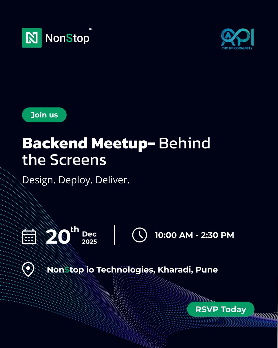 𝐖𝐡𝐚𝐭 𝐡𝐚𝐩𝐩𝐞𝐧𝐬 𝐛𝐞𝐡𝐢𝐧𝐝 𝐞𝐯𝐞𝐫𝐲 𝐬𝐞𝐚𝐦𝐥𝐞𝐬𝐬 𝐮𝐬𝐞𝐫 𝐞𝐱𝐩𝐞𝐫𝐢𝐞𝐧𝐜𝐞?
Join us for the NonStop Backend Meetup - where systems, APIs, and scalability come to life.
🔗 RSVP- luma.com/0yd62ncq
📅 20th Dec 2025
📍 NonStop io Technologies, Kharadi, Pune