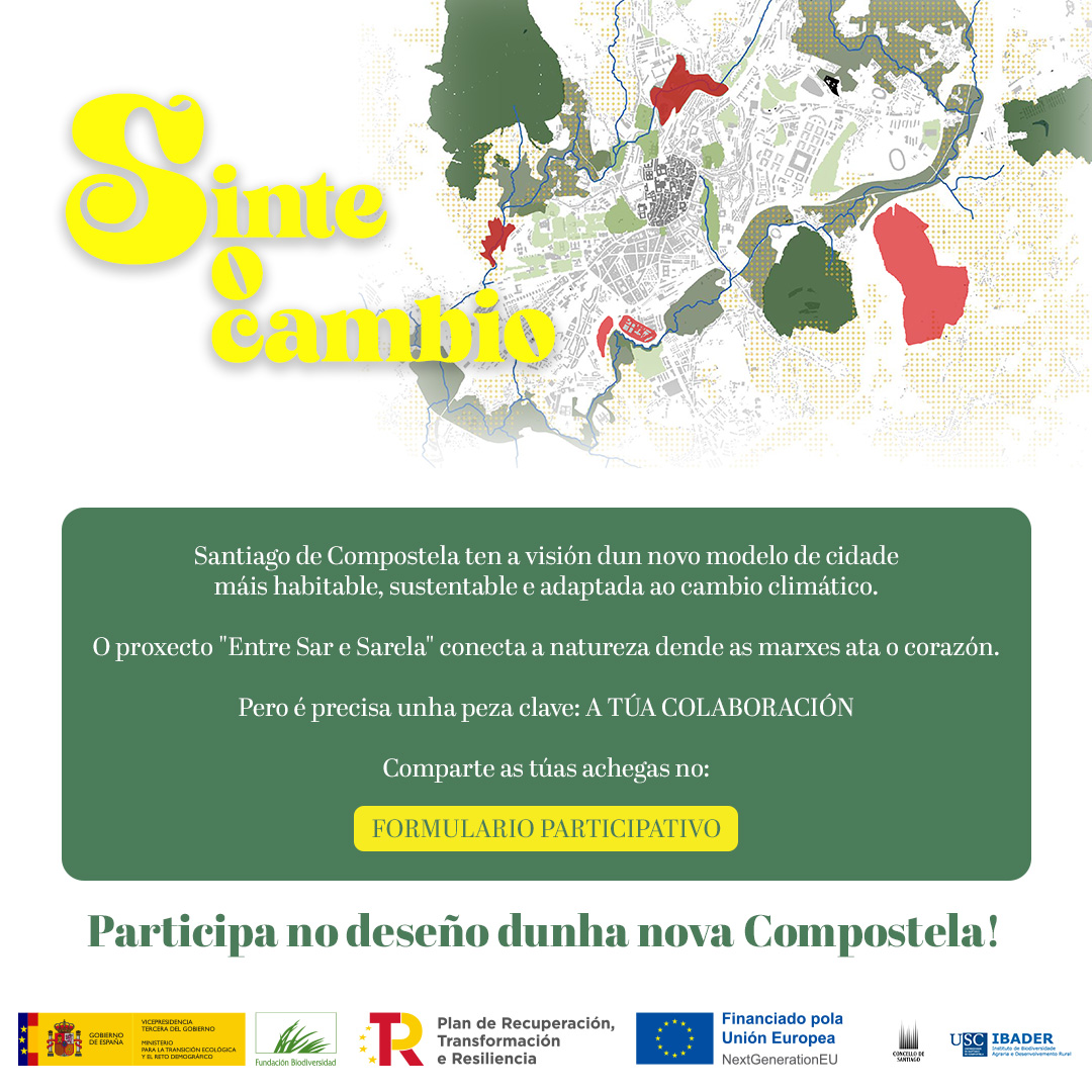 📢 O Concello abre un proceso participativo para implicar á cidadanía no proxecto 'Entre Sar e Sarela', que está a renaturalizar e recuperar a biodiversidade da cidade para facela máis resiliente fronte aos efectos do cambio climático.
💻 Por iso abre unha canle para coñecer as