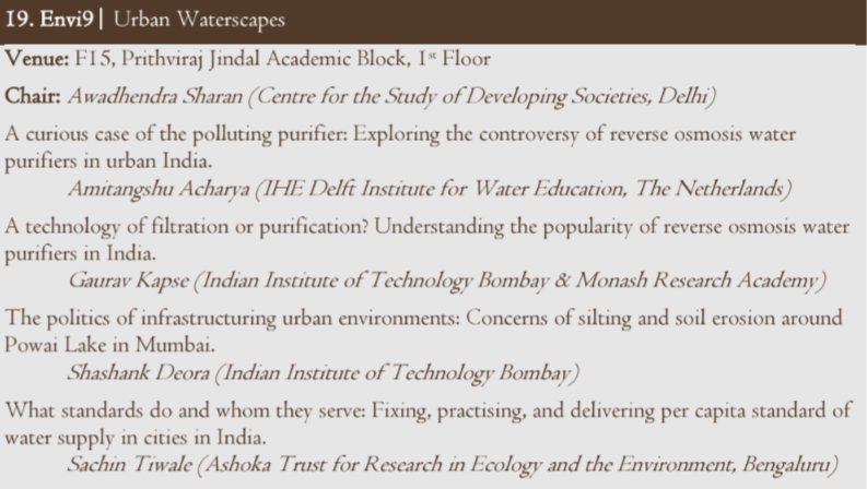 amitangshu's tweet photo. If you are attending the #STSIndia Network Conference in @JindalGlobalUNI tomorrow, do join the session on #Urban #Waterscapes.  I will illustrate how Reverse Osmosis #water purifiers animate everyday life in #India. Delighted that historian Awadhendra Sharan will moderate! https://t.co/UMznqeDasc