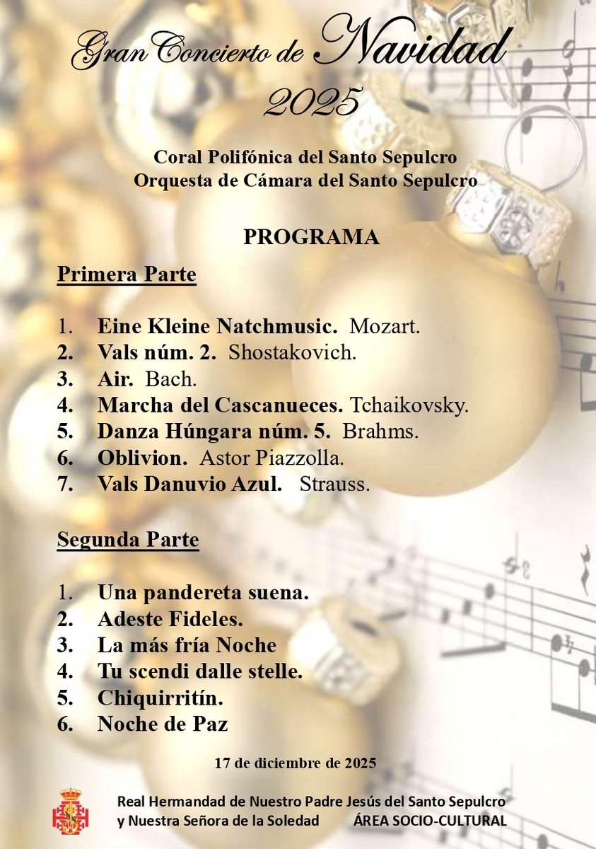 Anunciamos el concierto de Navidad que se realizará mañana 17 de diciembre a las 20:00 a cargo de la Coral Polifónica y Orquesta de Cámara de nuestra Hermandad, quienes interpretarán clásicos de diferentes artistas así como villancicos populares. Entrada libre. #CofradiasMLG