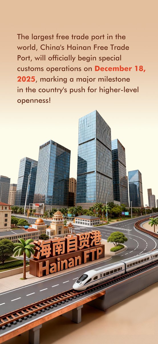 HiHainan's tweet photo. The largest trade port in the world, China's #HainanFreeTradePort will officially begin #SpecialCustomsOperations on December 18, 2025. marking a major milestone in the country's push for higher-level openness! #HainanFTP #Countdown https://t.co/QqHrsTlzld